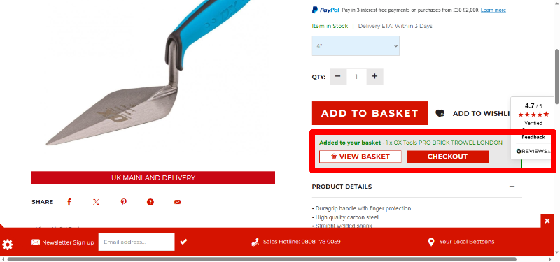 highlighted box with buttons for viewing basket and checkout