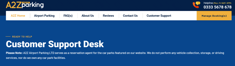 A2Z-Airport-Parking-Customer-Support-Desk website page