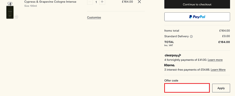 image showing the Jo Malone checkout page