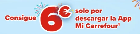 6 euros de descuento de carrefour de la app sobre fondo azúl y letras rojas