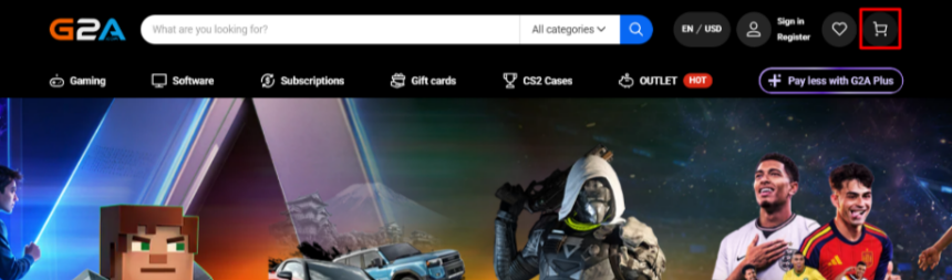 The G2A website and the shopping categories