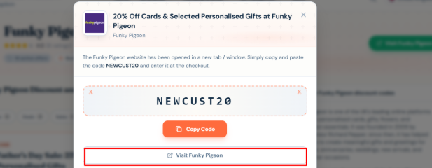 The highlighted red box shows the link to the Funky Pigeon website.