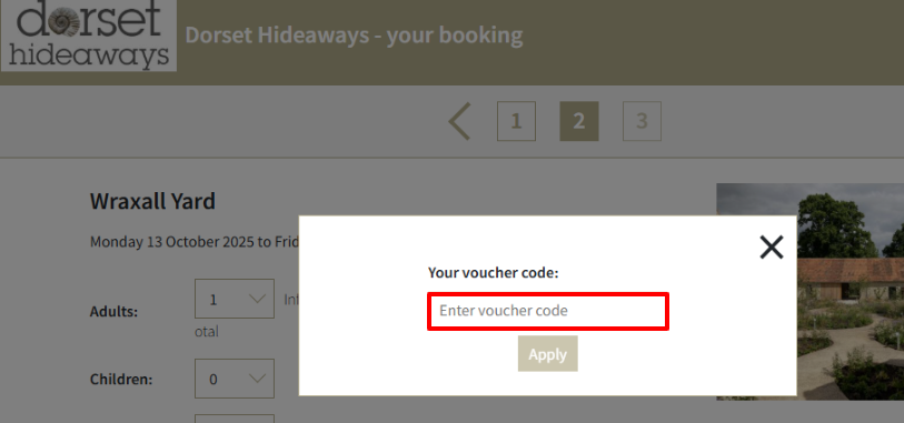 Dorset Hideaways voucher code area where you can apply your discount