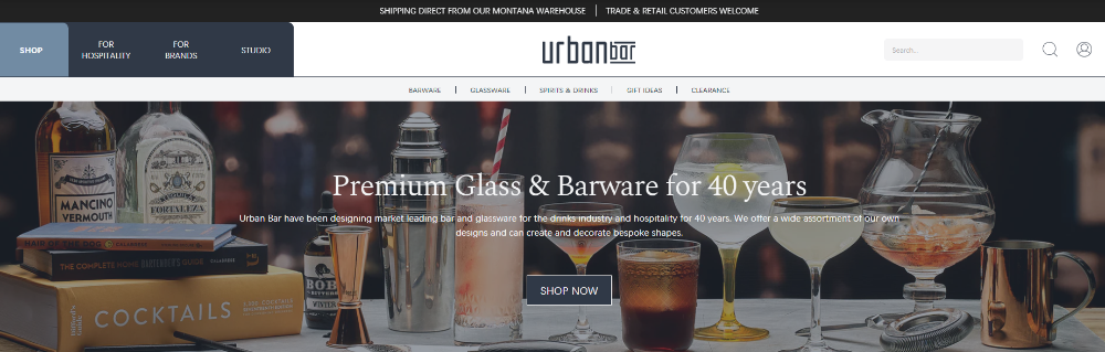 Urban Bar landing page on their website with different categories to shop from