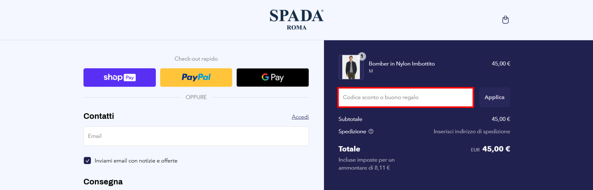 carrello del sito ufficiale Spada Roma dove poter inserire un codice sconto Spada Roma e risparmiare su abbigliamento uomo