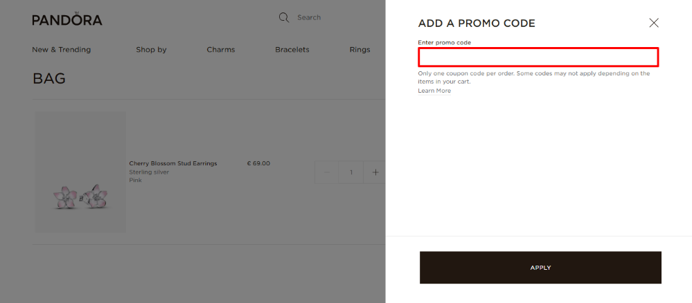 Add a Pandora promo code to your order in the shopping bag