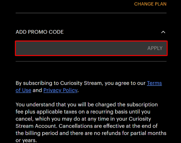 The CuriosityStream payment page with where to paste the CuriosityStream voucher code in a red box