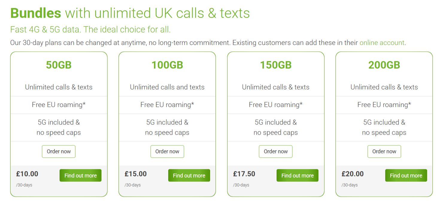 The 1pMobile page with the different 1pMobile plans