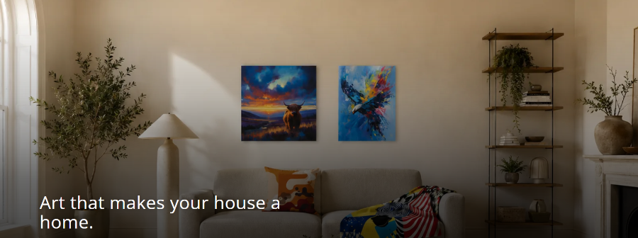 Home Art Haven art displayed on a wall with other decor pieces in the room text is also seen on the image