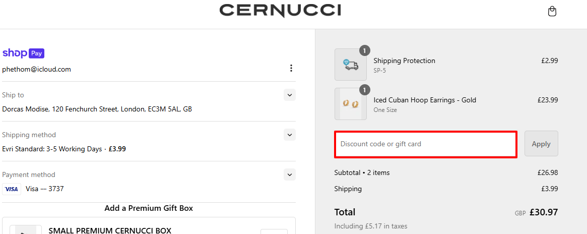 The red box on the CERNUCCI checkout page, where the discount code is entered