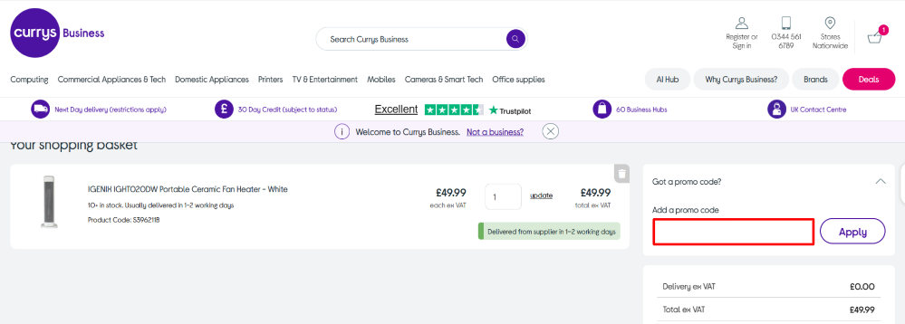 A Currys Business order summary an the promo code box highlighted