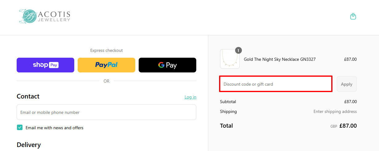 The Acotis Diamonds checkout page with where to paste the discount code highlighted in a red box.