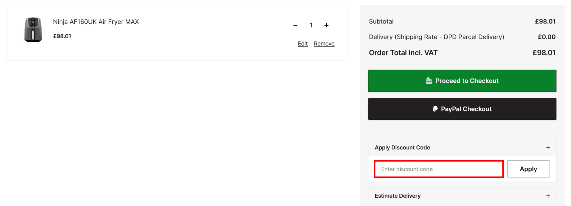 The checkout page for DONAGHY BROS, where you paste the code