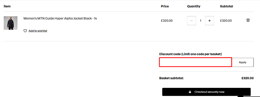 The Berghaus checkout page with where to paste the Berghaus voucher code in a red box