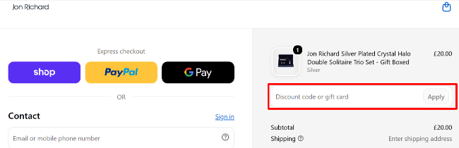 Jon Richard checkout page with the highlighted code box
