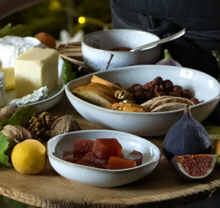 A Denby bowels being used for a chacuterie setup