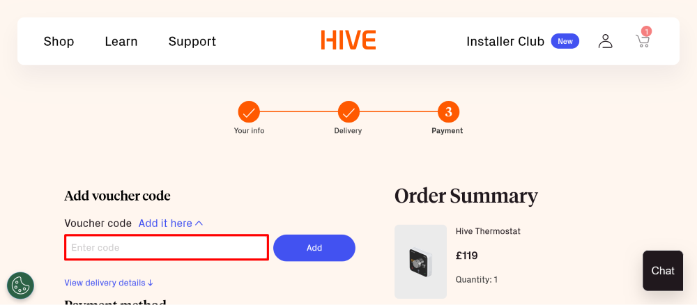 Hive's checkout page where you can enter your Hive discount code highlighted by a red box