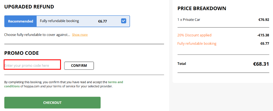 ENter your Hoppa discount code in the box under the words "Promo Code"