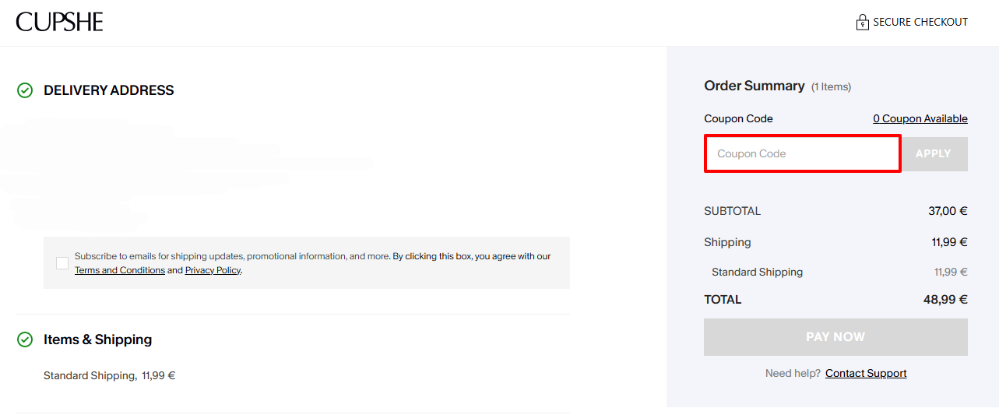 Cupshe discount code place hhighlighted by a red box