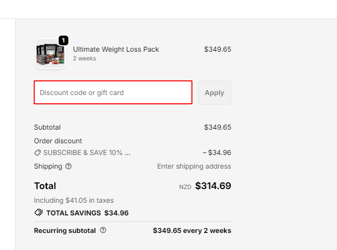 The Man Shake checkout page with a red box around the discount code box