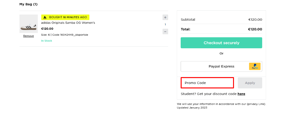 Your bag at JD Sports where you will apply your JD Sports promo code