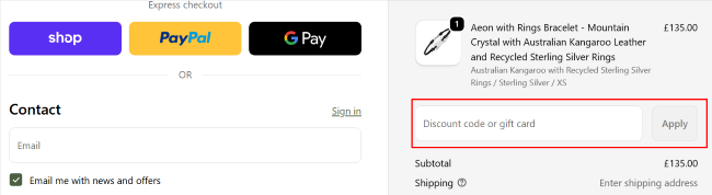A box where you can add your Atlas Accessories promo code to redeem it
