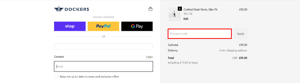 Applying a Dockers discount code at checkout to save on your order.