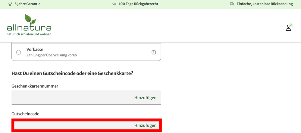 Bestellverlauf vom allnatura-shop mit rotmarkiertem Eingabefeld für Rabattcodes