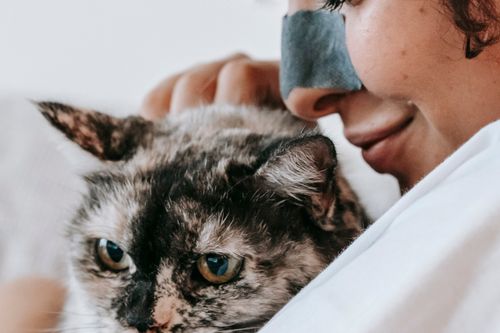A woman cuddling a cat in her arms