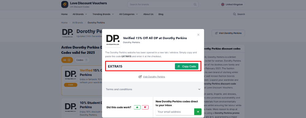 A discount code from Dorothy Perkins