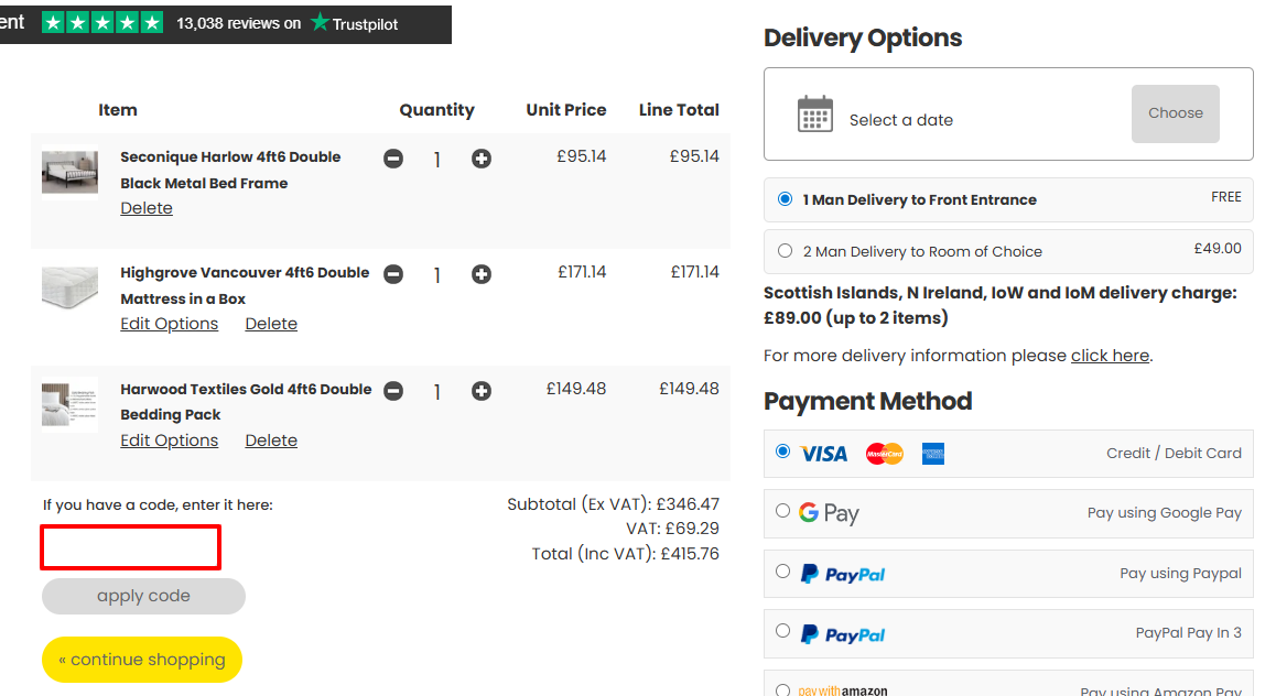 The Archers Sleepcentre checkout page with where to paste the Archers Sleepcentre voucher code in a red box.