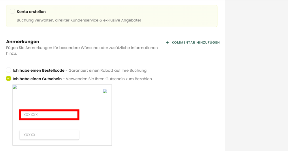 Buchungsprozess von Olsen Reisen mit einem rotmarkierten Eingabefeld für einen Gutschein