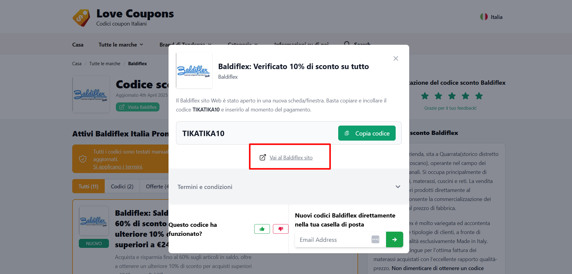 collegamento diretto al sito ufficiale Baldiflex dove poter risparmiare inserendo un codice sconto Baldiflex