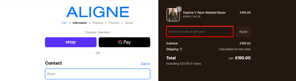 The ALIGNE checkout page and the discount box highlighted in red
