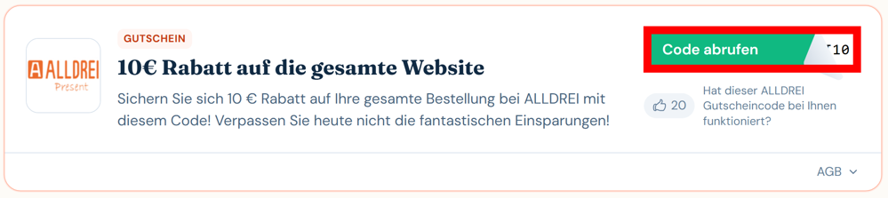 Angaben zu einem Rabatt von ALLDREI mit rotmarkiertem grünen Button