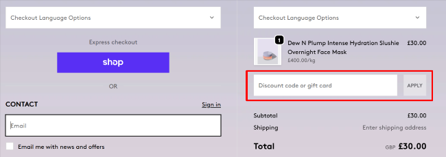 Fenty Beauty checkout page with payment options and discount code box