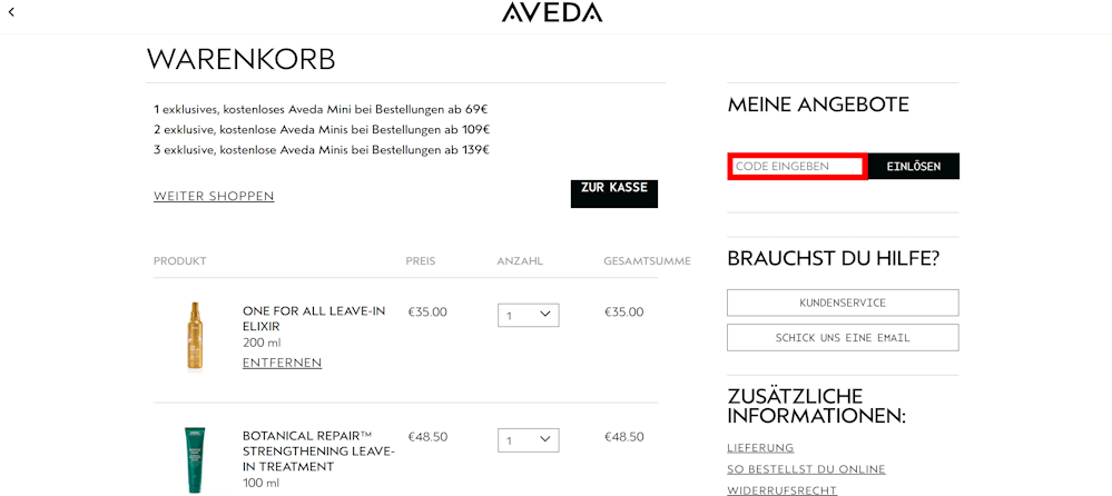 Warenkorb von Aveda mit rotmarkiertem Eingabefeld für Rabattcodes