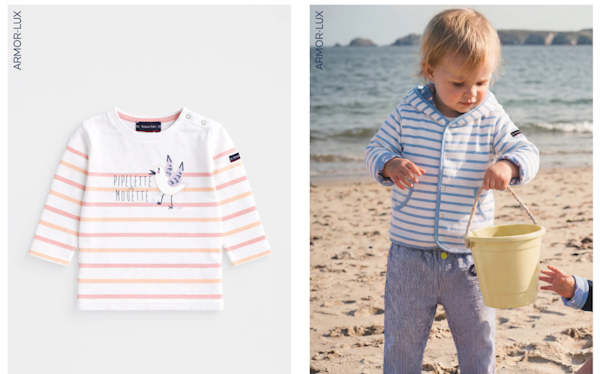 Abbild eines Kinderpullovers neben einem tatsätzlichen Kind mit einem Pullover von Armor Lux