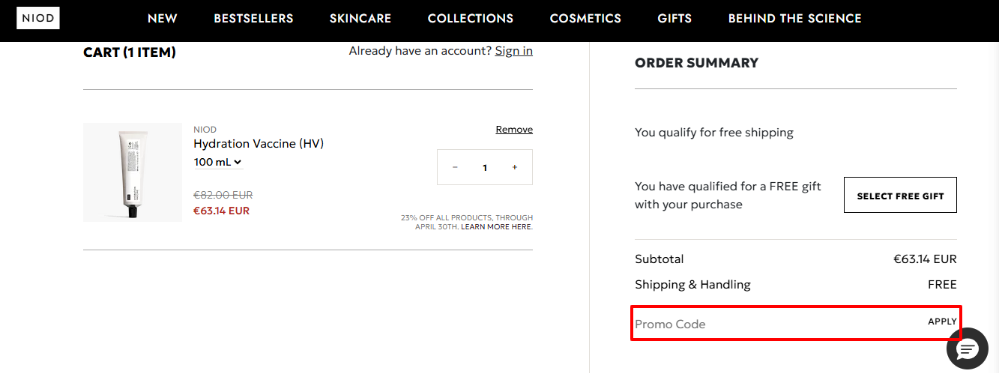 Niod promo code box under the order summary in the cart