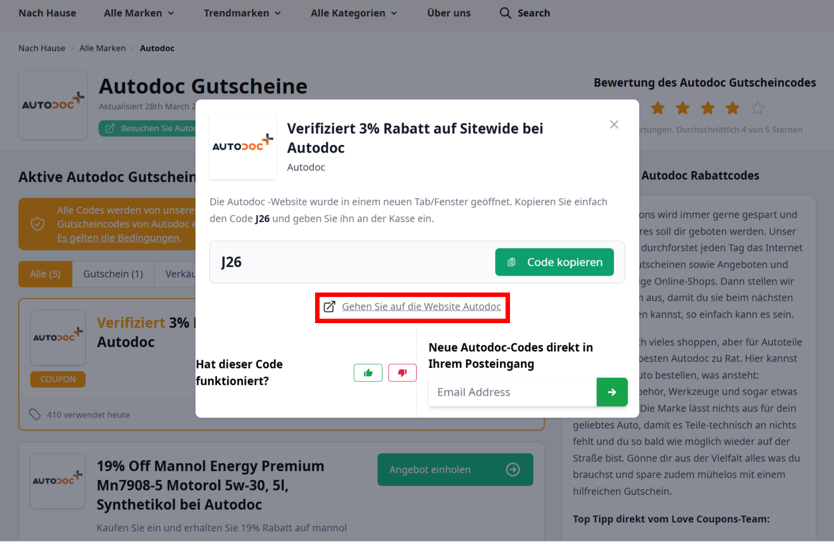 Ein offener Gutschein für Autodoc mit einem rotmarkiertem Link darunter