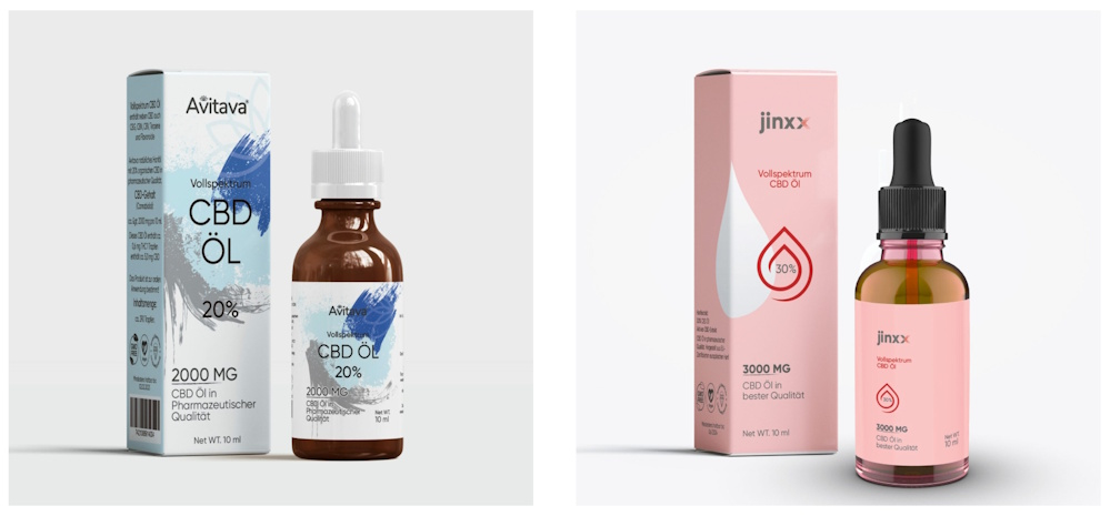 Zwei jeweils verschiedene CBD-Produkte von Avitava mit Fläschen und Verpackung