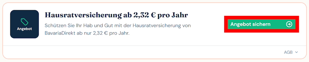 Anngaben zu einem Angebot zu BavariaDirekt mit rotmarkiertem grünen Button