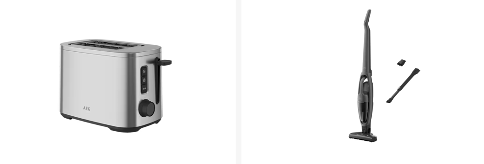 Ein Toaster und einem dünner kabelloser Staubsauger auf leerem Hintergrund