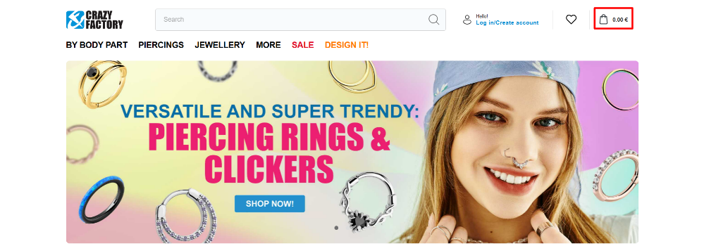 The Crazy Factory home page with the shopping categories and the cart icon highlighted with a red box