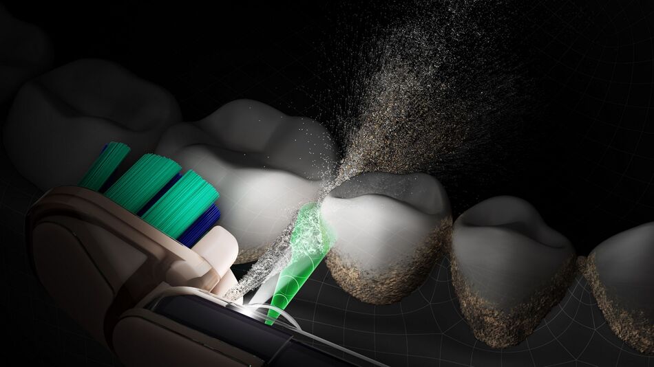 A mockup demonstrating how the Dyson CameraJet toothbrush works