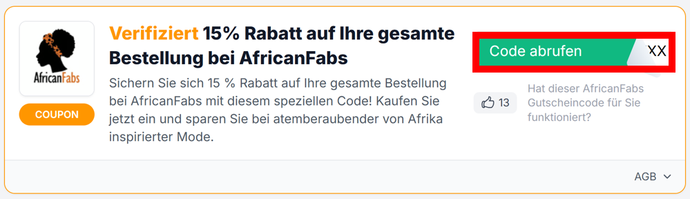 Infos zu einem Gutschein zu AfricanFabs mit einem rotmarkierten grünen Button