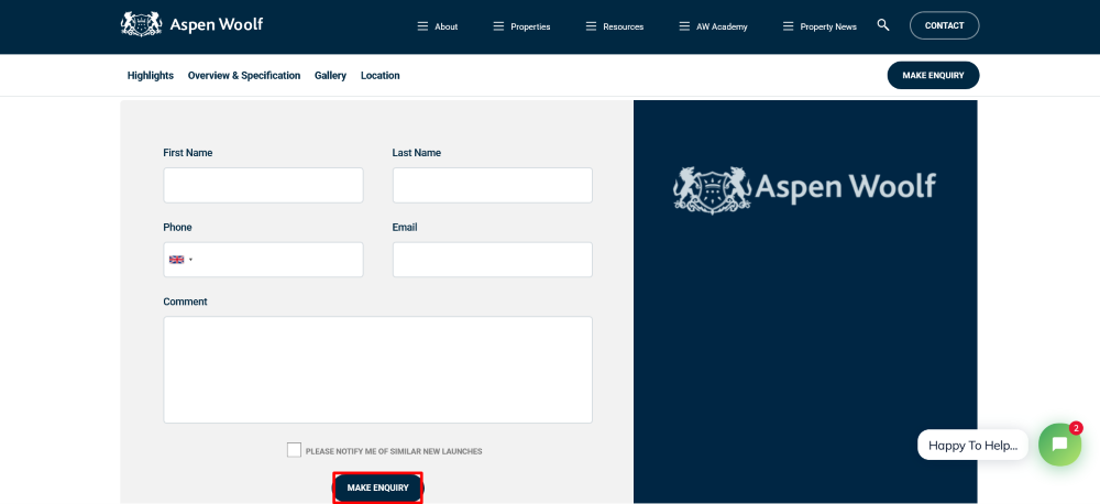 Aspen Woolf offer and enquiry form page