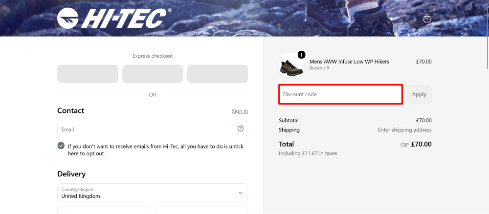 The Hi-Tec checkout page, where the code is pasted shown in a red box.