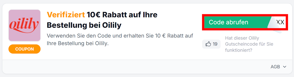 Angaben zu einem Oilily Rabattcode mit einem rotmarkierten grünen Button