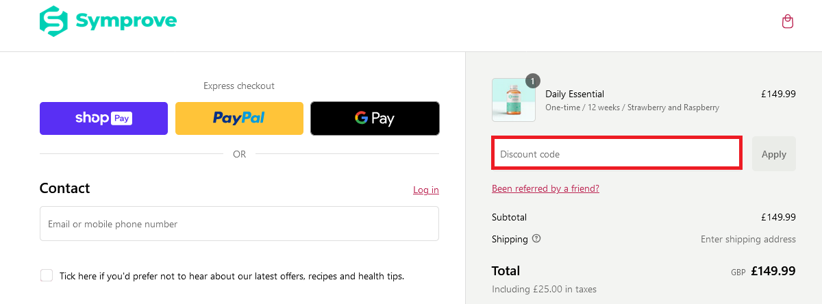 image showing the discount code box, bordered in red
